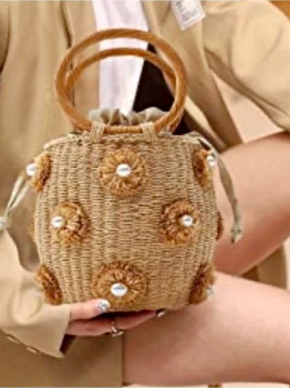 Zara Tan Woven Mini Bucket Bag with Pearl Floral Accents
